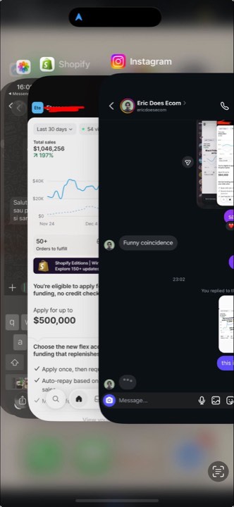 Student sharing their $1M Shopify dashboard with Eric on Instagram